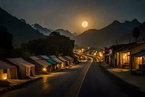 un calle con carpas y luces en en el medio de el noche. generado por ai foto