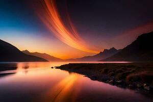 a sunset over a lake with mountains in the background. AI-Generated photo