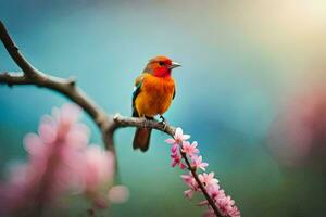 a colorful bird sits on a branch with pink flowers. AI-Generated photo