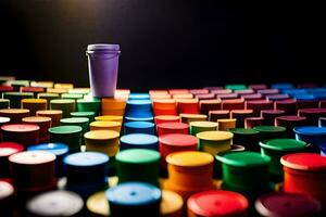 a coffee cup is sitting on top of a pile of colorful cups. AI-Generated photo