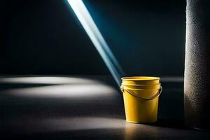 a yellow bucket and a black wall with a spotlight. AI-Generated photo