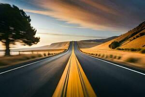 a long exposure photograph of a road with a tree in the foreground. AI-Generated photo