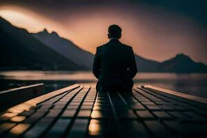 a man in a suit sits on a dock looking out at the water. AI-Generated photo