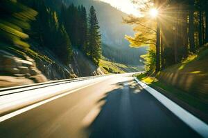 un coche conducción abajo un la carretera en el montañas. generado por ai foto