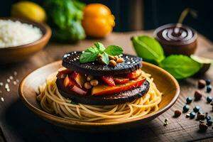 the eggplant and spaghetti are served on a wooden table. AI-Generated photo