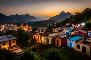 vistoso casas en el montañas a puesta de sol. generado por ai foto