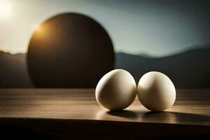 two eggs on a table in front of a mountain. AI-Generated photo