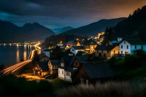 un pueblo a noche con luces en el casas generado por ai foto