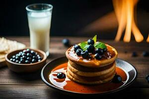 pancakes with blueberries and syrup on a plate. AI-Generated photo