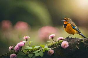 a bird is sitting on a branch with pink flowers. AI-Generated photo