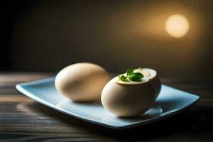 Tres huevos en un blanco plato con un hoja. generado por ai foto