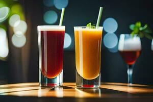 dos lentes de naranja y rojo bebidas sentar en un mesa. generado por ai foto