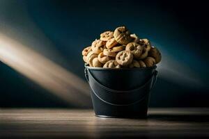 a bucket filled with cookies on a wooden table. AI-Generated photo