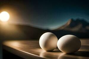 two eggs on a table in front of a mountain. AI-Generated photo