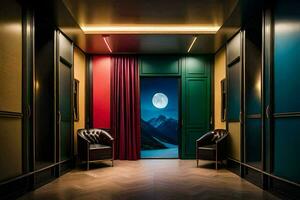 a hallway with a door that opens to a room with a mountain view. AI-Generated photo