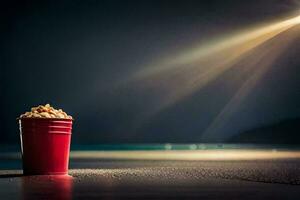 un rojo taza de palomitas de maiz sentado en el suelo. generado por ai foto