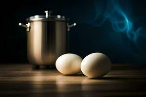 two eggs sit next to a pot on a table. AI-Generated photo