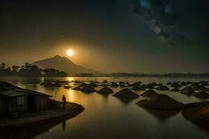 the moon is shining over a lake with sand huts. AI-Generated photo