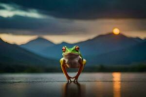 a frog standing on the edge of a lake with a mountain in the background. AI-Generated photo