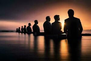 siluetas de negocio personas sentado en un muelle a puesta de sol. generado por ai foto
