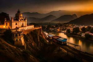 a church and a bridge over a river at sunset. AI-Generated photo