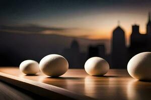 eggs on a table, city, hd wallpaper. AI-Generated photo