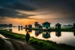 a man walks along a river with houses in the background. AI-Generated photo