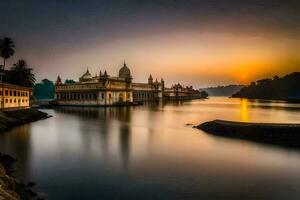 the sun sets over the water in front of a palace. AI-Generated photo