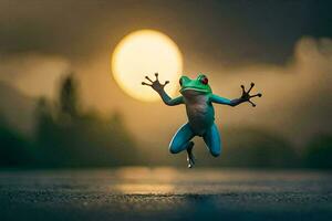 a frog jumping in the air with the sun in the background. AI-Generated photo