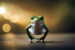 a frog standing on a table with a blurry background. AI-Generated photo