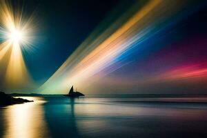 a boat is sailing under the bright light of the sun. AI-Generated photo