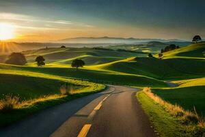 el la carretera a el puesta de sol. generado por ai foto