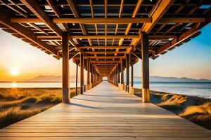 a wooden bridge leads to the ocean at sunset. AI-Generated photo