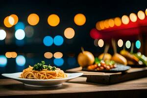 spaghetti in a white bowl with a plate of food on a wooden table. AI-Generated photo