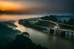 un puente abarcando terminado un río a amanecer. generado por ai foto