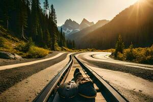 a pair of shoes on a train track in the mountains. AI-Generated photo