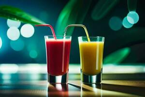 two glasses of orange juice with straws. AI-Generated photo