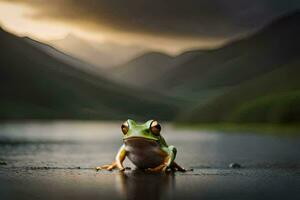 a frog sitting on the ground in front of a lake. AI-Generated photo