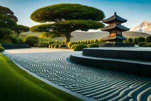 un japonés jardín con un pagoda y arboles generado por ai foto