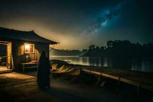 a woman stands outside a hut at night with the milky in the sky. AI-Generated photo