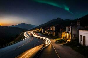 a long exposure photograph of a road at night with a light trail. AI-Generated photo