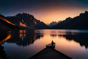 a man stands on a boat in the middle of a lake at sunset. AI-Generated photo