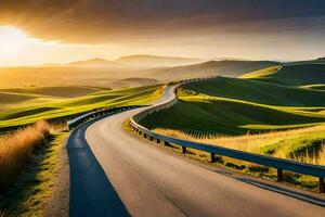 el la carretera a el puesta de sol. generado por ai foto