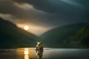 a frog standing on the edge of a lake at sunset. AI-Generated photo