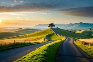 el la carretera a el puesta de sol. generado por ai foto