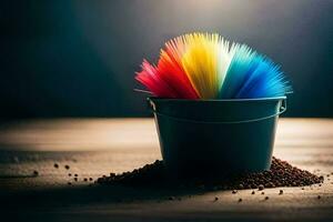 a bucket filled with colorful plastic spoons. AI-Generated photo