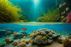 two images of coral reefs and fish. AI-Generated photo