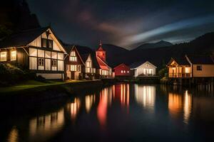 a row of houses on the water at night. AI-Generated photo