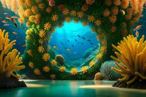 underwater scene with corals and fish. AI-Generated photo