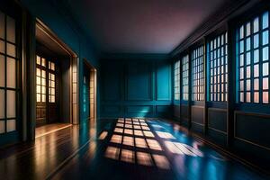 a dark room with wooden floors and windows. AI-Generated photo